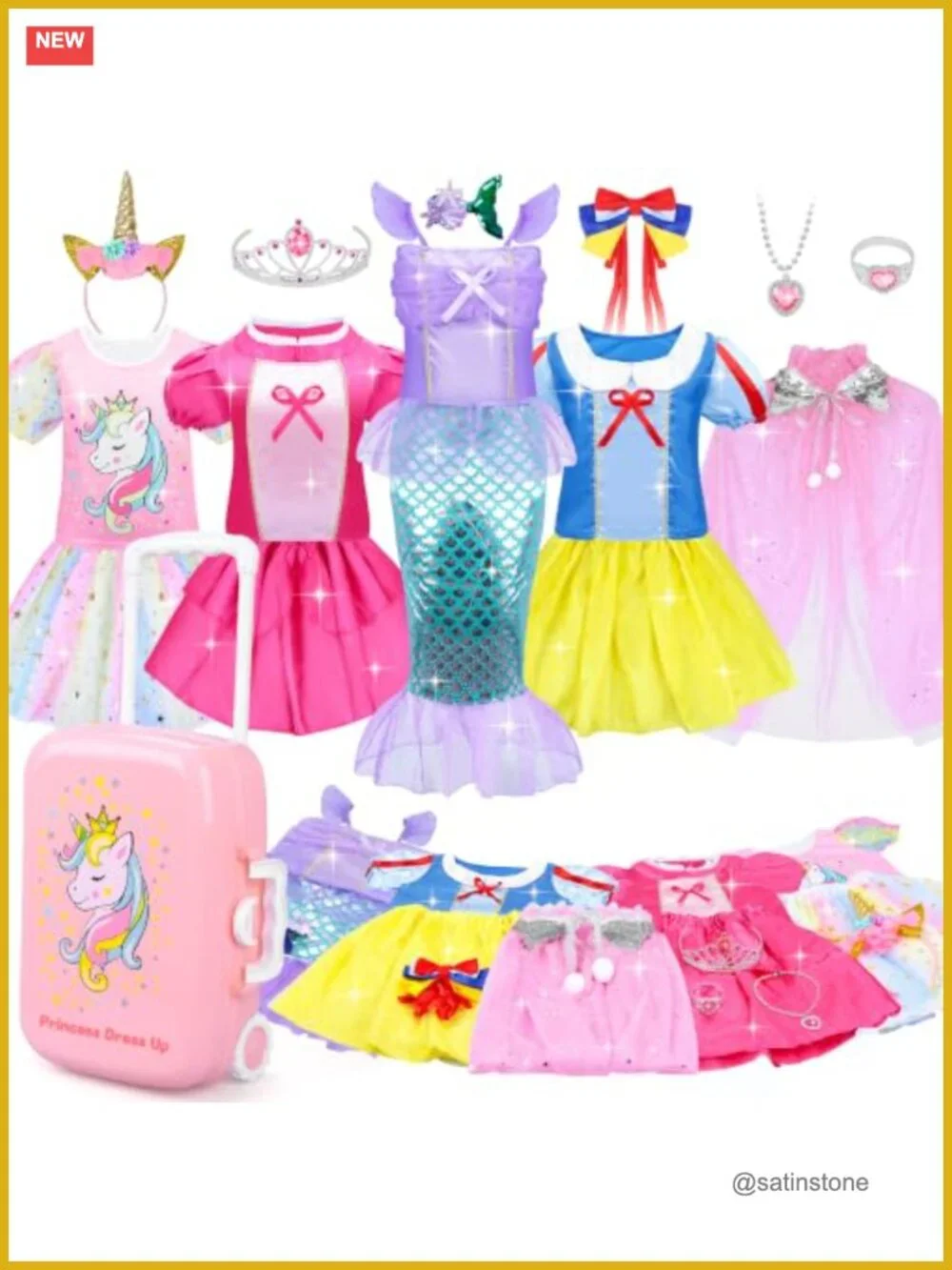 15 Pc Princess Dress Up Costume Set Girls Pretend Play Cosplay Outfits Suitcase